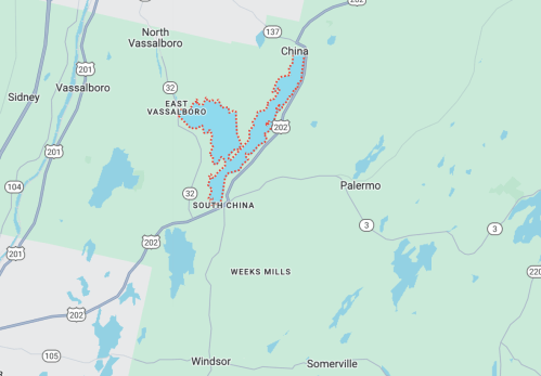 Map showing the area around South China, Maine, with nearby towns and roads highlighted.