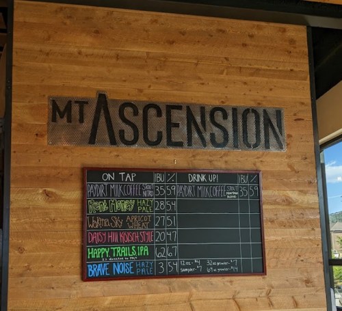 A wooden wall with a sign reading "MT ASCENSION" and a chalkboard listing beers on tap and their details.
