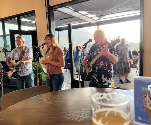 A live music performance with three musicians singing and playing instruments in a lively venue, with a beer in the foreground.