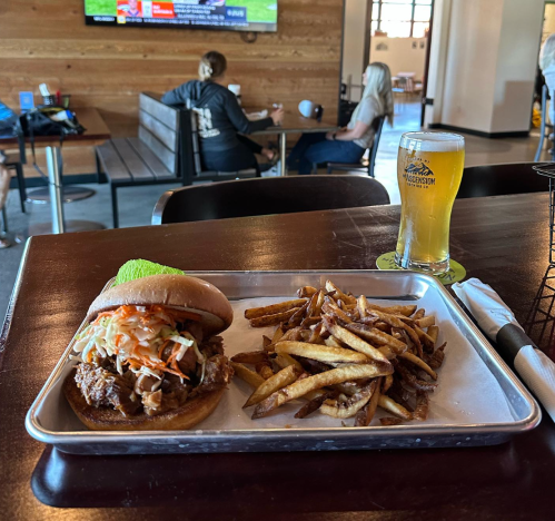 A plate with a pulled pork sandwich topped with coleslaw and a side of fries, next to a glass of beer in a casual setting.