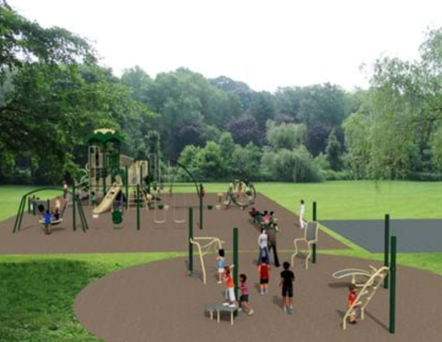 A vibrant playground with children playing on equipment surrounded by greenery and open space.