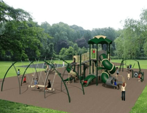 A colorful playground with slides, swings, and climbing structures, set in a green park with children playing.