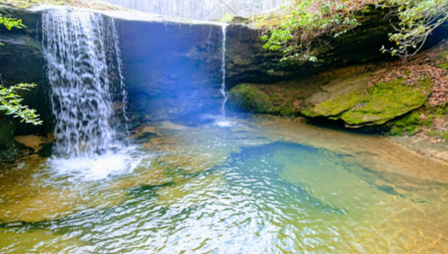 A serene waterfall cascading into a clear pool, surrounded by lush greenery and rocky terrain.