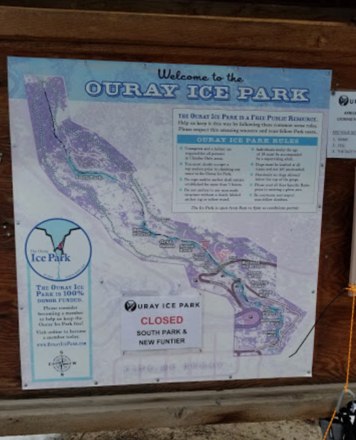 Sign at Ouray Ice Park detailing park rules, map, and closure notice for South Park and New Funtier areas.