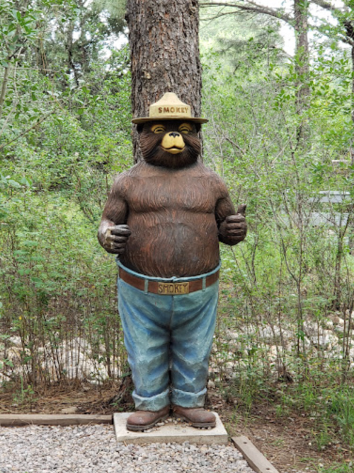 A wooden statue of Smokey Bear, wearing a ranger hat and blue jeans, stands among trees and greenery.