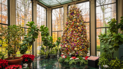 A beautifully decorated Christmas tree surrounded by greenery in a sunlit room with large windows.