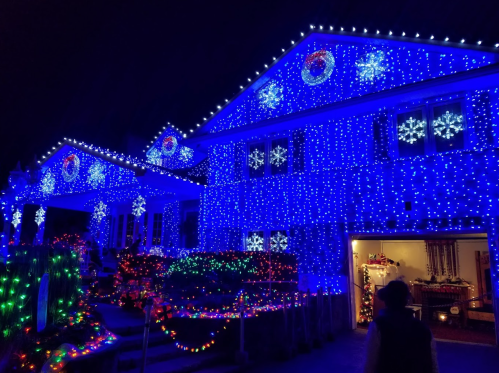 A house decorated with vibrant blue and multicolored Christmas lights, featuring snowflake designs and festive displays.