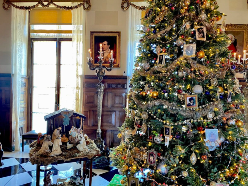 A beautifully decorated Christmas tree beside a nativity scene in an elegant room with wooden accents and portraits.