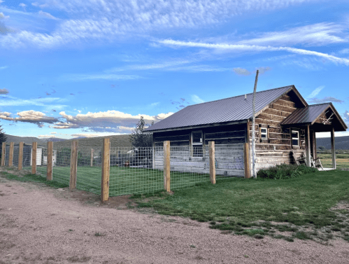 A rustic wooden cabin with a fenced yard, set against a blue sky with clouds and green grass.