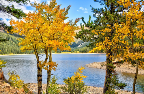 A serene lake surrounded by vibrant autumn trees and mountains under a clear blue sky.