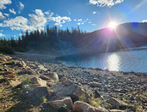 A serene lakeside scene with sunlight reflecting on the water, surrounded by trees and rocky shore.