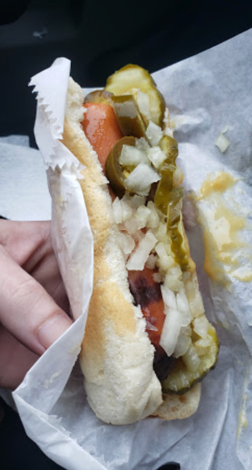 A hand holding a hot dog topped with pickles, onions, and jalapeños, wrapped in white paper.