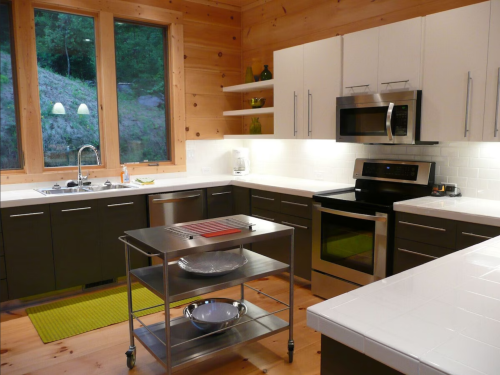 Modern kitchen with wooden walls, stainless steel appliances, and a central cart, featuring green accents and large windows.