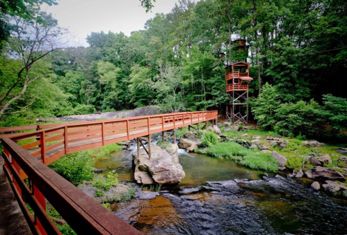 A wooden bridge crosses a stream, with lush greenery and a lookout tower in the background.