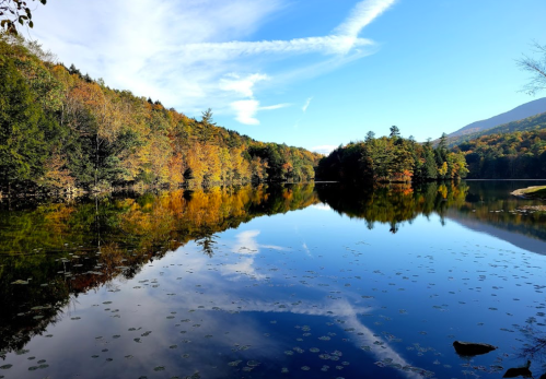 A serene lake surrounded by colorful autumn trees under a clear blue sky, reflecting the landscape in the water.