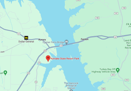 Map showing Kenlake State Resort Park near Fenton, with nearby roads and landmarks labeled.
