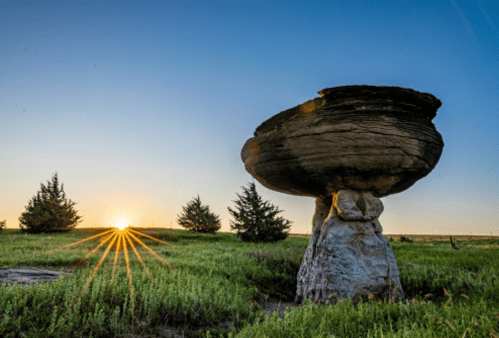 A large, mushroom-shaped rock formation stands in a grassy field as the sun rises in the background.