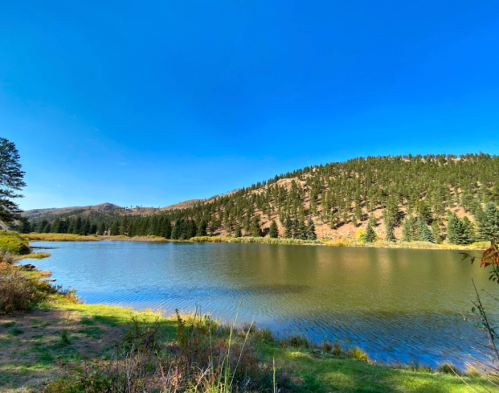 A serene lake surrounded by green hills and trees under a clear blue sky.