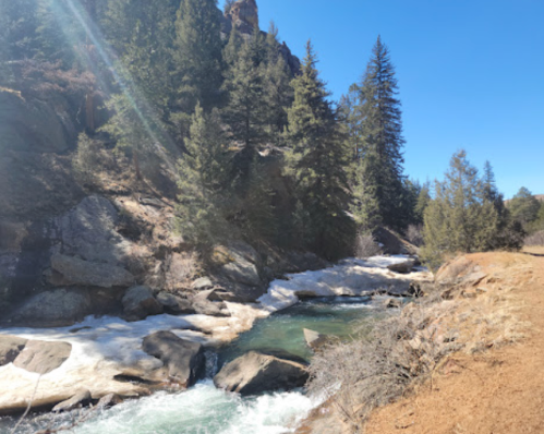 A serene river flows through a rocky landscape, surrounded by tall pine trees under a clear blue sky.
