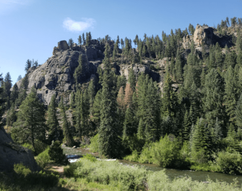 A scenic view of rocky cliffs surrounded by lush green trees and a flowing river under a clear blue sky.