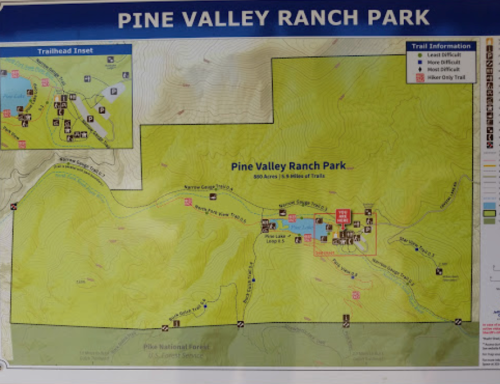 Map of Pine Valley Ranch Park showing trails, difficulty levels, and park features. Includes trailhead inset.