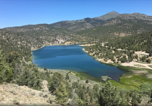 A serene lake surrounded by lush greenery and mountains under a clear blue sky.