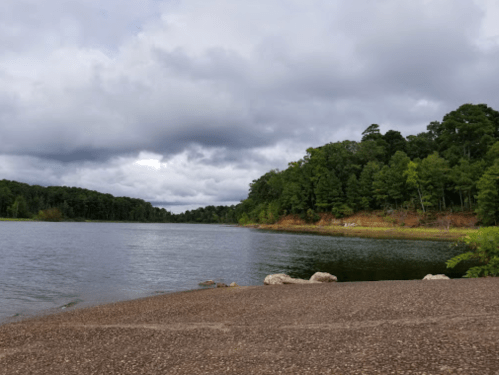 A calm lake surrounded by lush green trees under a cloudy sky, with a rocky shoreline in the foreground.