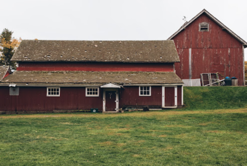 A red barn with a sloped roof and a grassy area in front, featuring a smaller building beside it.