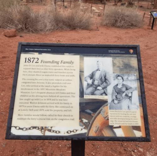 Sign about the founding family of Glen Canyon, detailing John D. Lee's role and the history of the area.