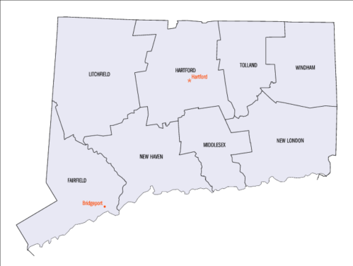 Map of Connecticut highlighting major cities: Hartford, Bridgeport, New Haven, and surrounding counties.