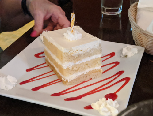A slice of layered cake with frosting, a candle on top, and raspberry sauce drizzled on the plate, accompanied by whipped cream.