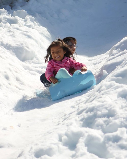 Two children joyfully sledding down a snowy hill, with one girl in a pink jacket leading the way.
