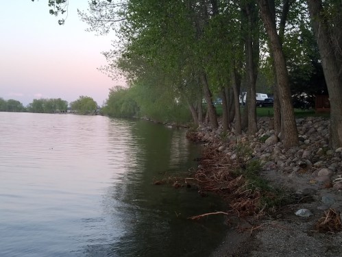 A serene lakeside view with trees lining the shore and gentle waves lapping at the rocky bank during sunset.