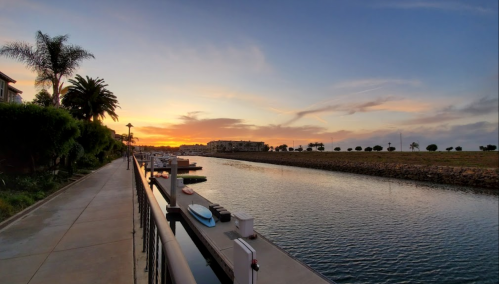 A serene waterfront scene at sunset, featuring palm trees, a calm waterway, and a walkway lined with greenery.