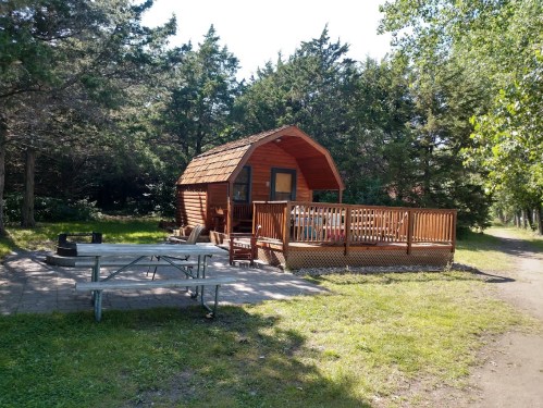 A cozy wooden cabin with a deck, surrounded by trees and a picnic table on a grassy area.