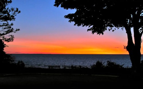 A vibrant sunset over the water, with silhouettes of trees framing the scene against a colorful sky.