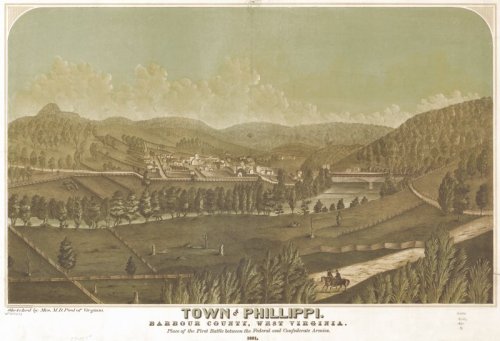 Historic illustration of Philippi, West Virginia, depicting the landscape and layout during the Civil War era.