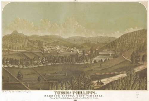 Historic illustration of Philippi, West Virginia, showcasing the town and surrounding landscape.