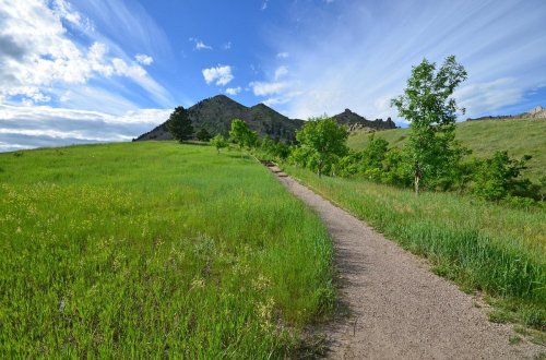 A winding dirt path through lush green grass, leading towards a mountain under a blue sky with wispy clouds.