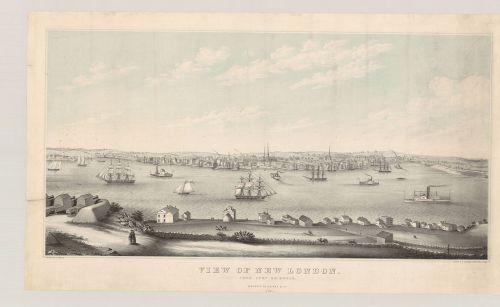 A historic illustration of New London, featuring ships in the harbor and houses along the shoreline.