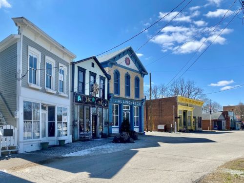 A quaint street scene featuring historic buildings under a clear blue sky, with a mix of shops and homes.
