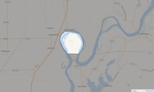 Map showing the New Madrid area, highlighting the Mississippi River and surrounding towns in Missouri and Tennessee.