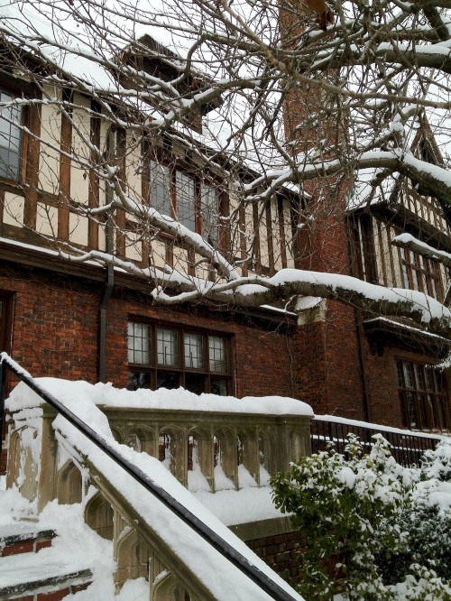 A snow-covered house with a mix of brick and timber architecture, featuring a staircase and bare trees in winter.