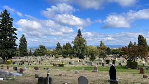 A serene cemetery landscape with gravestones, trees, and a cloudy blue sky in the background.