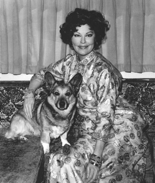 A woman in a patterned dress sits beside a corgi dog, smiling in front of a curtain.