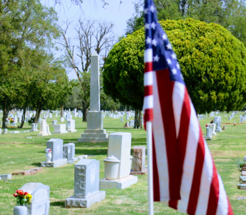 A U.S. flag in the foreground with a cemetery featuring gravestones and a large tree in the background.