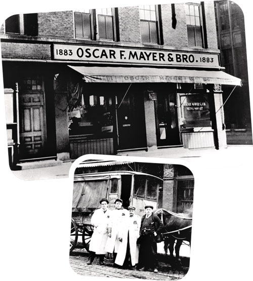 Historic black-and-white images of Oscar F. Mayer & Bro. storefront and a horse-drawn carriage with workers outside.