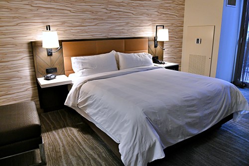 A cozy hotel room featuring a queen bed, bedside lamps, and a modern design with wood accents.
