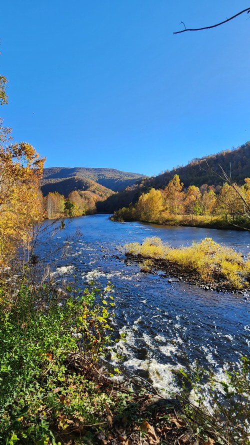A serene river flows through a colorful autumn landscape, surrounded by trees and mountains under a clear blue sky.