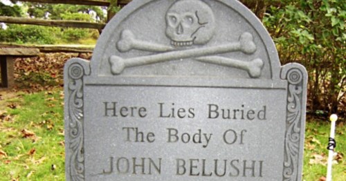 skull and crossbones on the headstone of john belushi at abel's hill cemetery on martha's vineyard in massachusetts